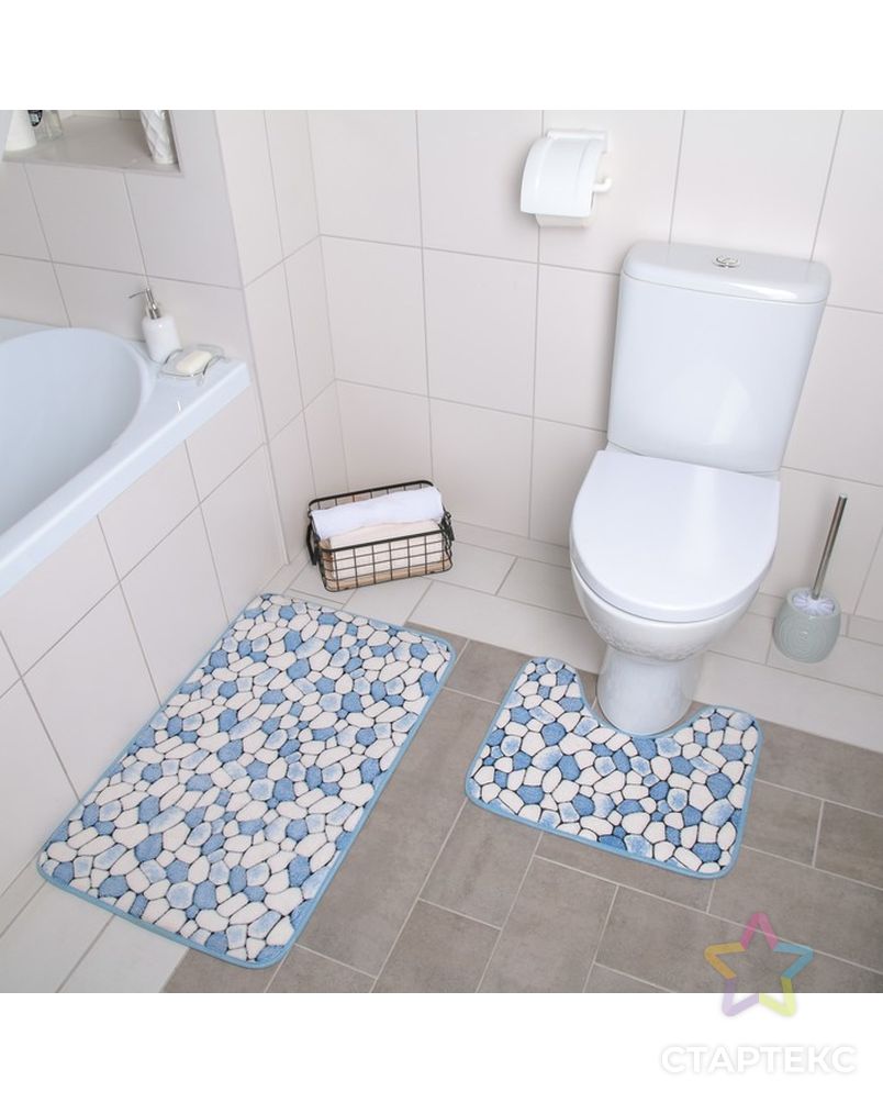 Набор ковриков для ванны и туалета «Галька», 2 шт: 40×50, 50×80 см, цвет синий арт. СМЛ-30326-1-СМЛ4138475 2