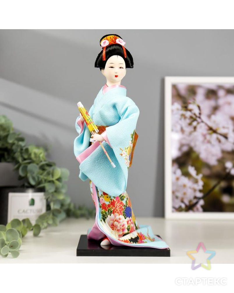 Кукла коллекционная "Японка в голубом кимоно с зонтом" 30х12,5х12,5 см арт. СМЛ-66456-1-СМЛ0004147026 1