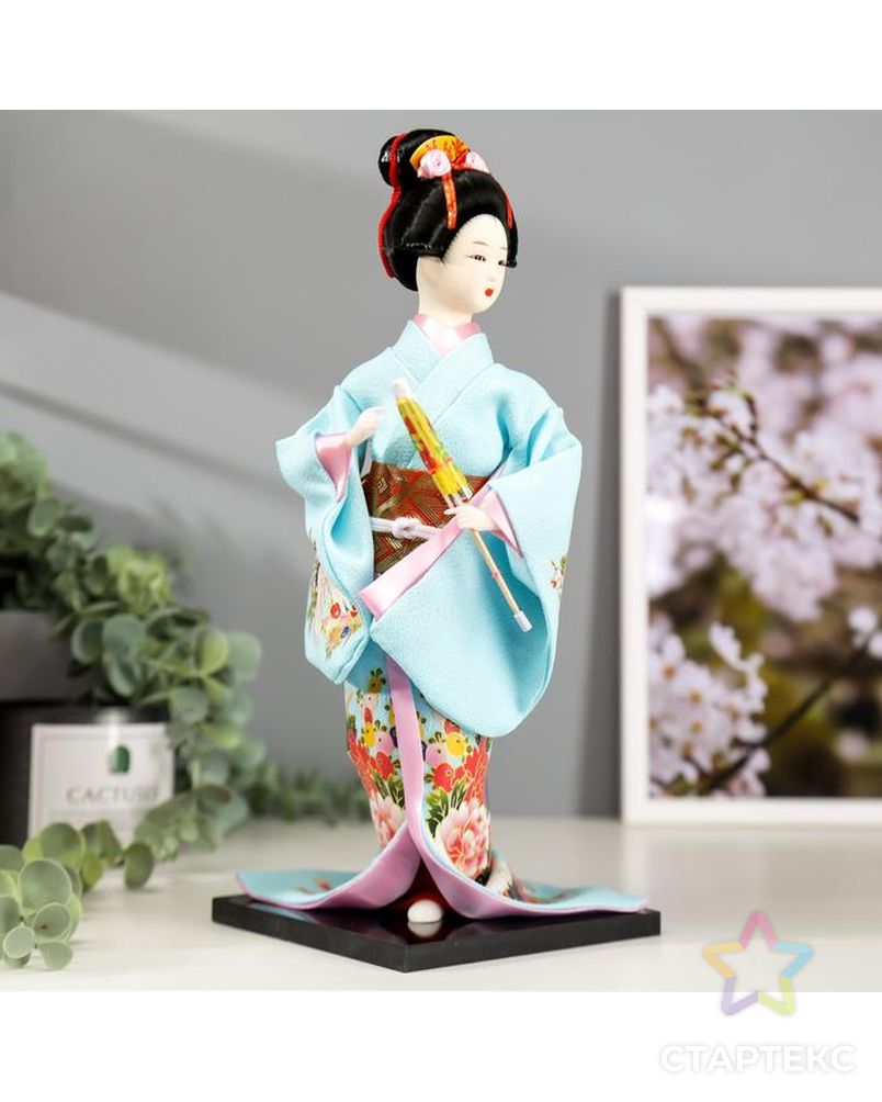 Кукла коллекционная "Японка в голубом кимоно с зонтом" 30х12,5х12,5 см арт. СМЛ-66456-1-СМЛ0004147026 2