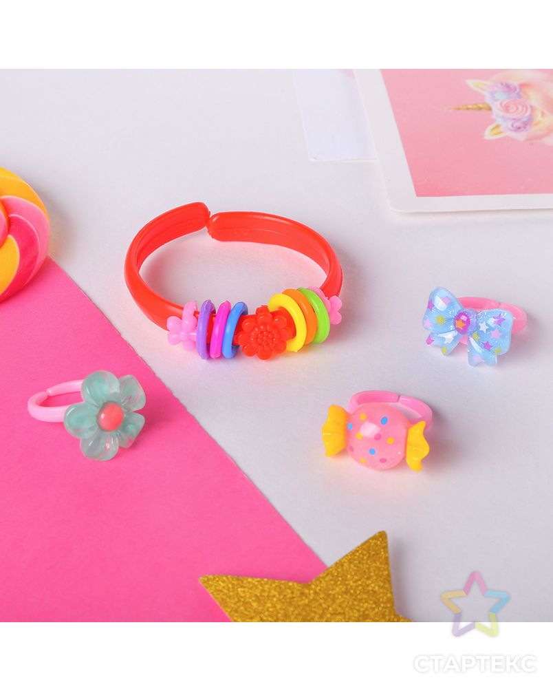 Набор детский "Выбражулька" 4 предмета: браслет, 3 кольца, ассорти, форма МИКС, цвет МИКС арт. СМЛ-27321-1-СМЛ4148462 2
