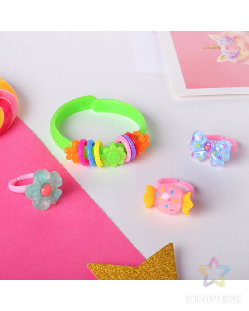 Набор детский "Выбражулька" 4 предмета: браслет, 3 кольца, ассорти, форма МИКС, цвет МИКС арт. СМЛ-27321-1-СМЛ4148462 3