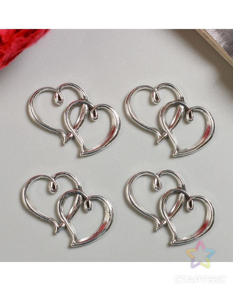 Декор для творчества металл "Двойное сердце" серебро 2,4х3,1 см арт. СМЛ-28256-1-СМЛ4173541 1