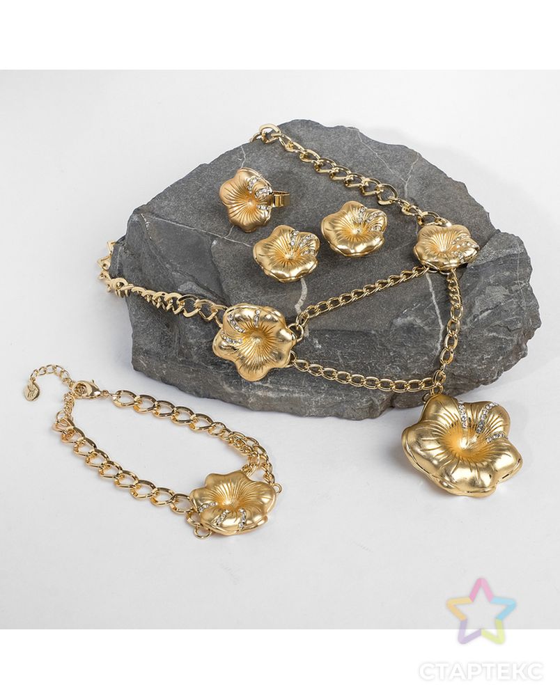Набор 4 предмета: серьги, колье, браслет, кольцо безразмерное "Цветы", цвет белый в золоте арт. СМЛ-31666-1-СМЛ4239137 1
