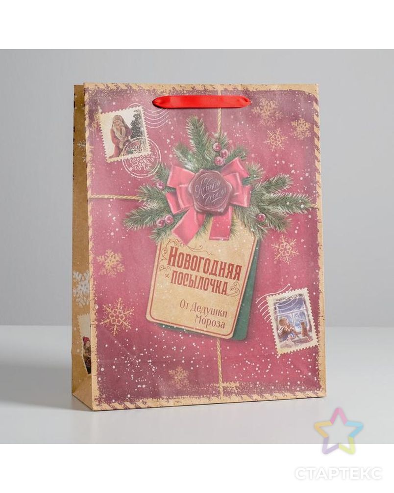 Пакет крафтовый вертикальный «Новогодняя посылочка от Дедушки Мороза», L 31 × 40 × 9 см арт. СМЛ-69489-1-СМЛ0004275642 1
