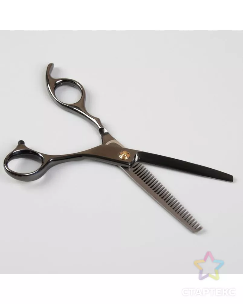 Ножницы филировочные с упором, загнутые кольца, лезвие — 6 см, цвет чёрный арт. СМЛ-175322-1-СМЛ0004294145 - рис. 2