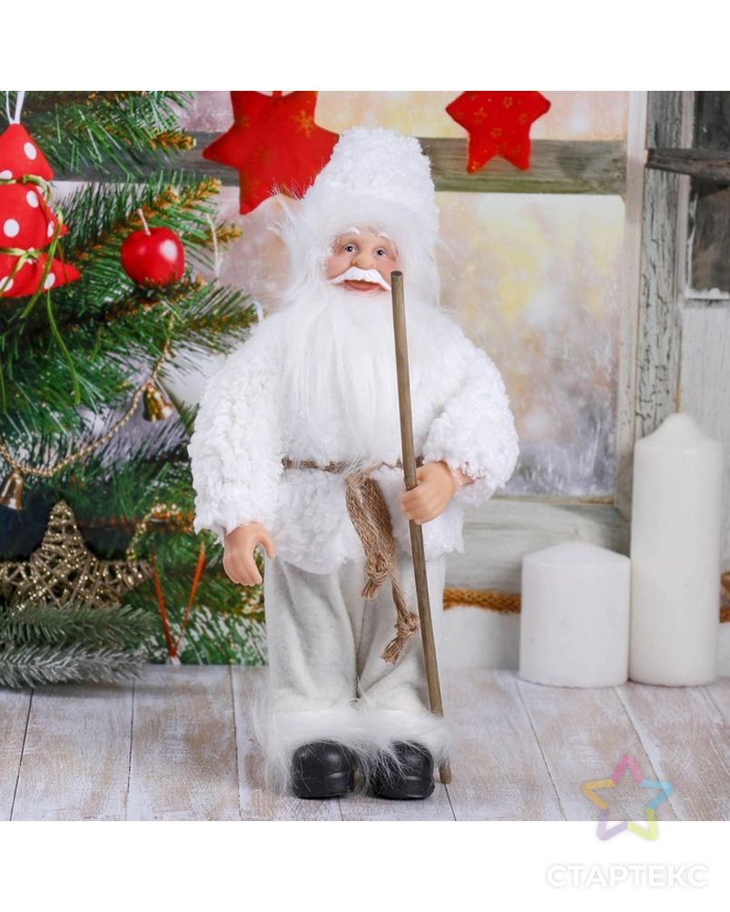 Дед Мороз в белой шубке с посохом 28 см арт. СМЛ-70650-1-СМЛ0004316756 1