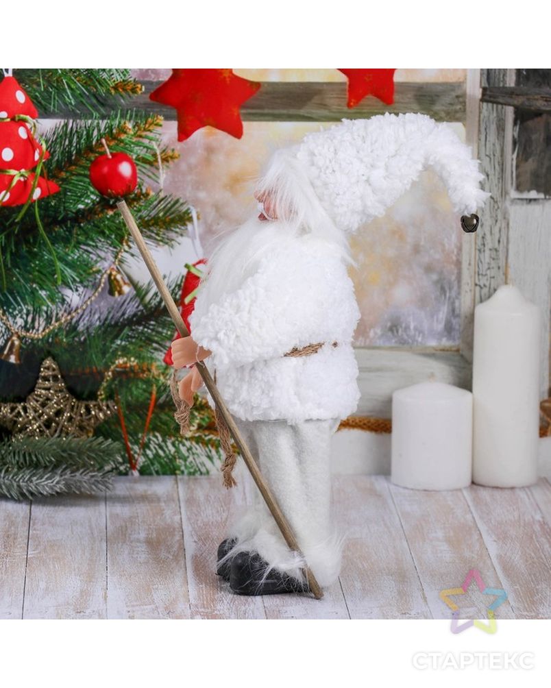 Дед Мороз в белой шубке с посохом 28 см арт. СМЛ-70650-1-СМЛ0004316756 2