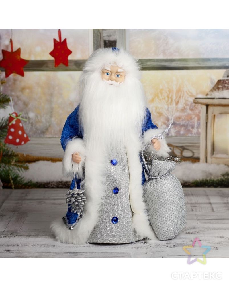 Дед Мороз 40 см "Шик" в синей шубке с мешочком, двигается, без музыки арт. СМЛ-71296-1-СМЛ0004316783 1
