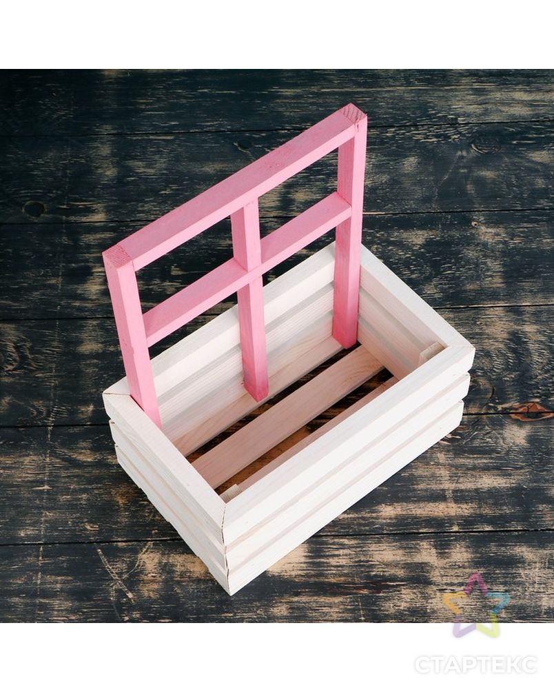 Кашпо деревянное 25×18×30 см "Букет под окном", с ручкой, белый розовый арт. СМЛ-165970-1-СМЛ0004388427 3