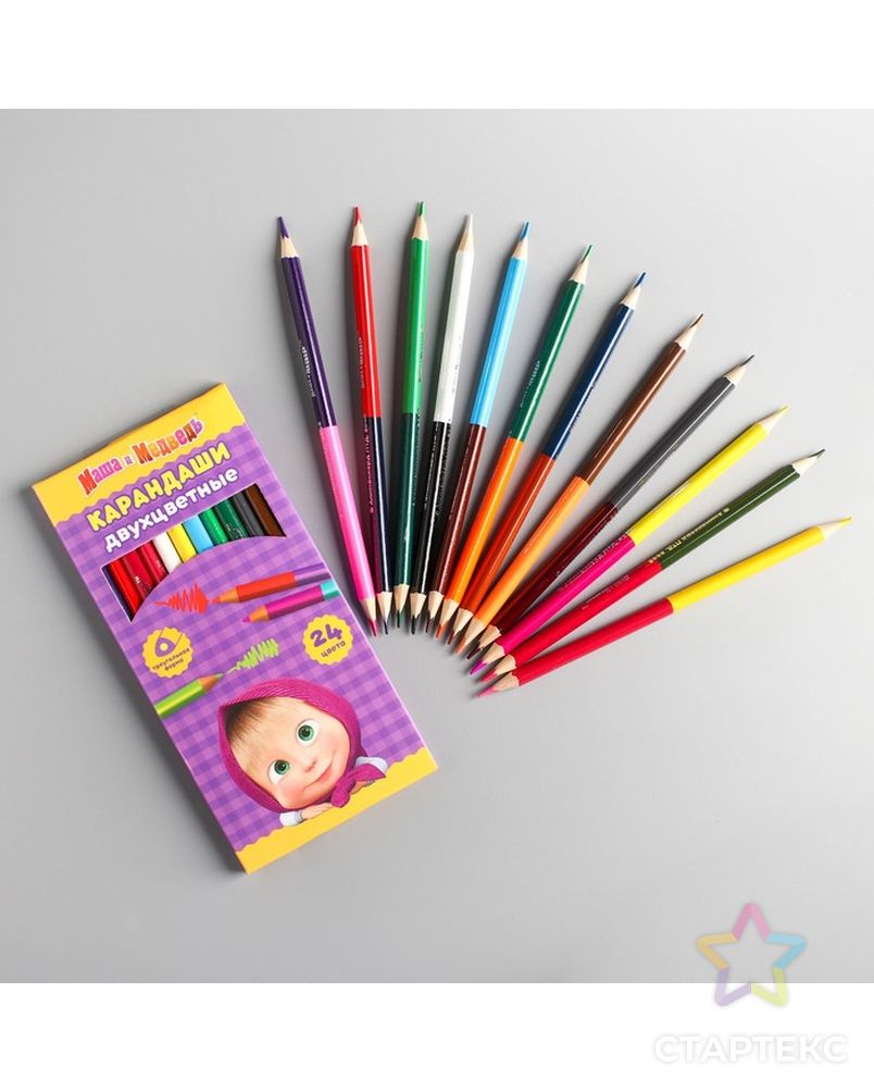 Двухсторонние цветные карандаши 24 цвета, Маша и Медведь, 12 шт. арт. СМЛ-175298-1-СМЛ0004403854 1