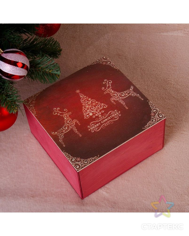 Коробка подарочная "Merry Christmas, c оленями", бордовая, 20×20×10 см арт. СМЛ-121145-1-СМЛ0004406469 1