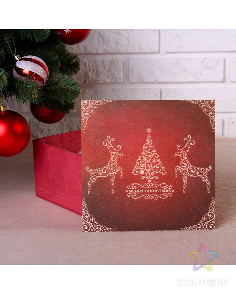 Коробка подарочная "Merry Christmas, c оленями", бордовая, 20×20×10 см арт. СМЛ-121145-1-СМЛ0004406469 2