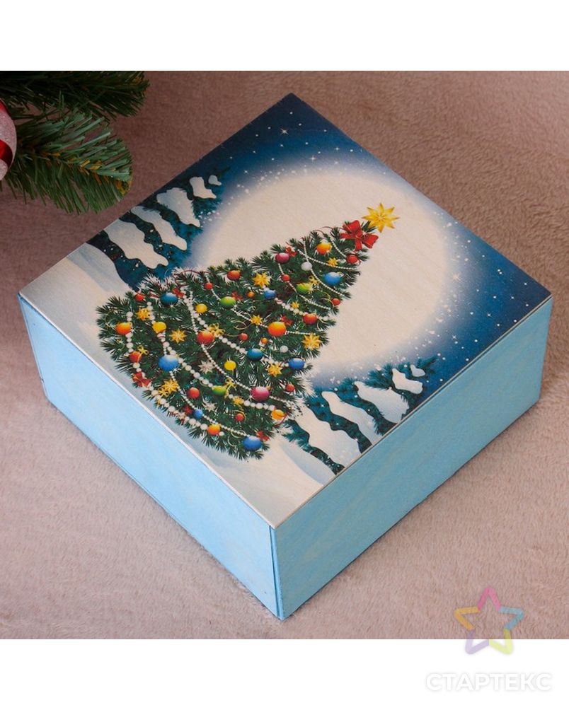 Коробка подарочная " Новогодняя, c ёлкой", голубая, 20×20×10 см арт. СМЛ-121157-1-СМЛ0004406472 1