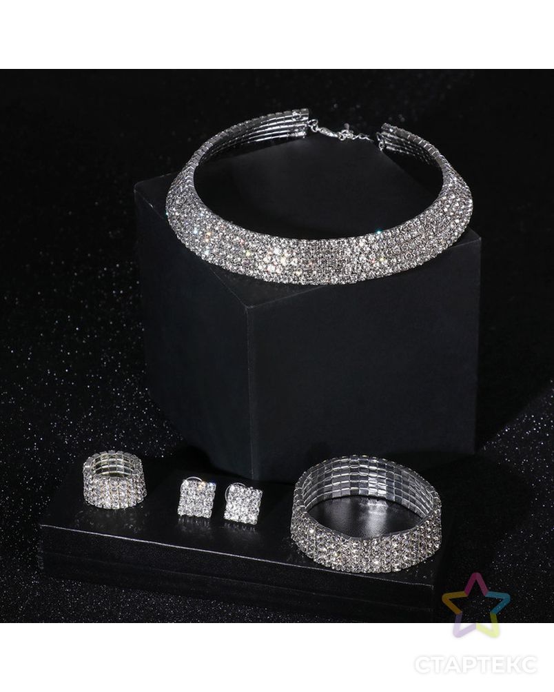 Набор 4 предмета: серьги, колье, браслет, кольцо безразмерное "Фешн", цвет белый в серебре арт. СМЛ-36100-1-СМЛ0004445946 1