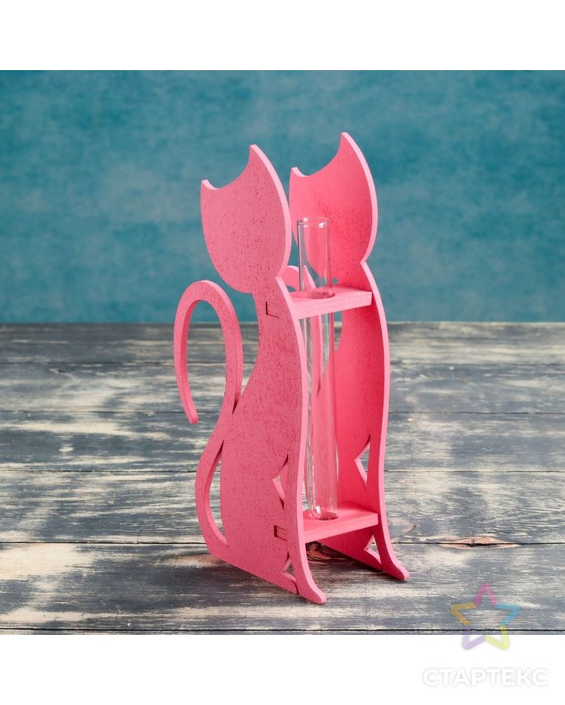 Кашпо деревянное с 1 колбой "Кошка", розовый Дарим Красиво арт. СМЛ-69732-1-СМЛ0004449810 2