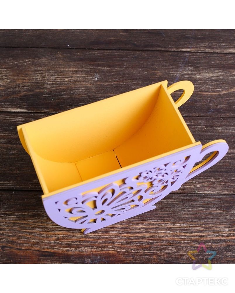 Кашпо деревянное уникальное "Чашечка чая, цветочный", жёлтый сиреневый арт. СМЛ-110383-1-СМЛ0004503618