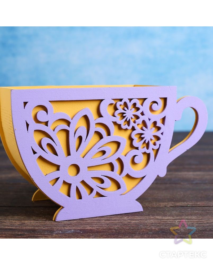 Кашпо деревянное уникальное "Чашечка чая, цветочный", жёлтый сиреневый арт. СМЛ-110383-1-СМЛ0004503618