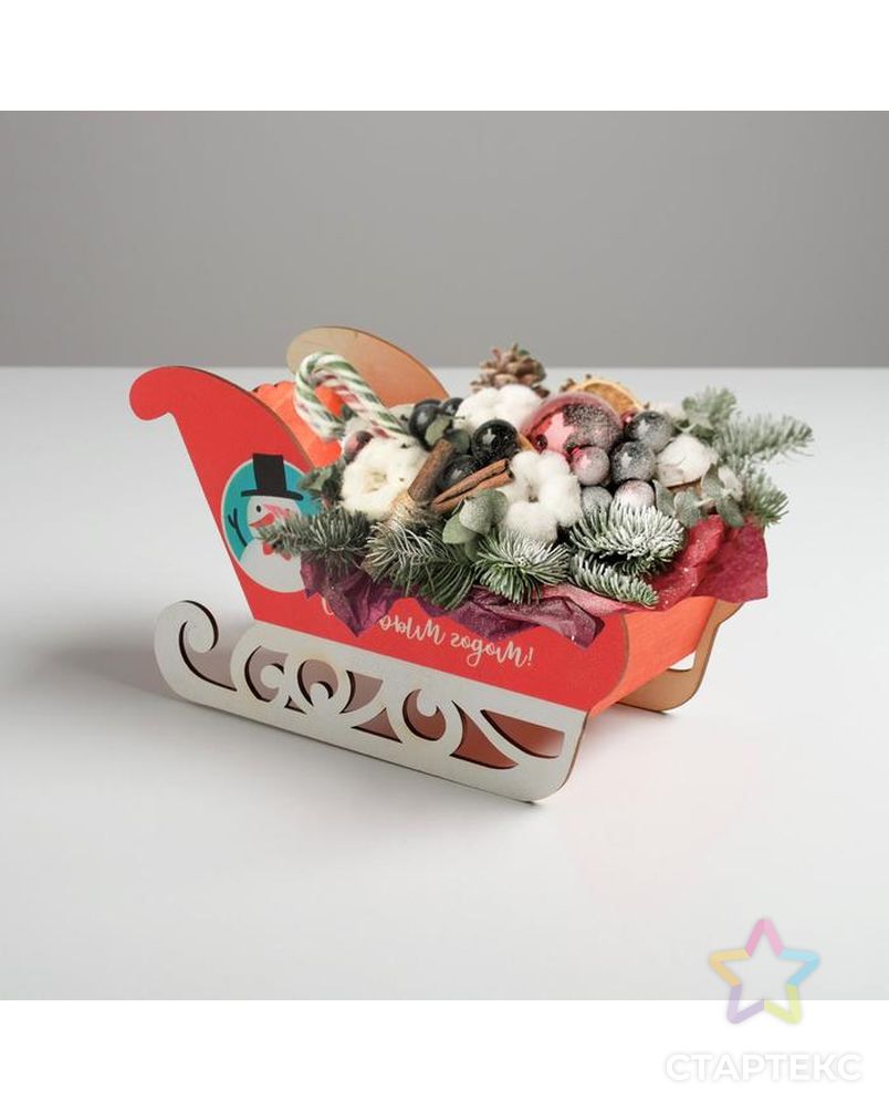 Кашпо новогоднее "Сани", с декором снеговик, 23 х 10 х 14 см арт. СМЛ-116834-1-СМЛ0004529698 1