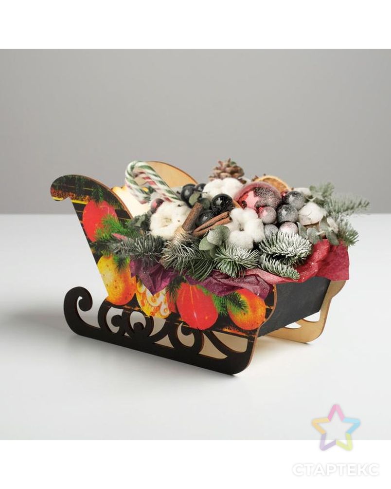 Кашпо новогоднее "Сани", с декором игрушки, 23 х 10 х 14 см арт. СМЛ-116835-1-СМЛ0004529699 1