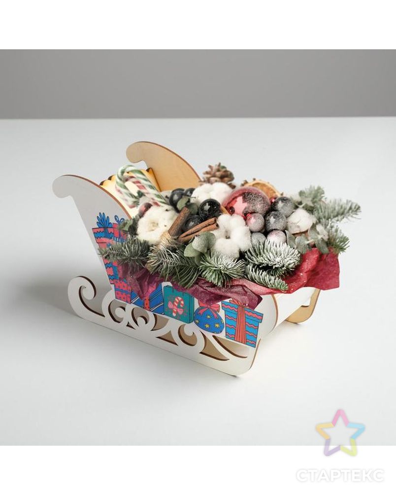 Кашпо новогоднее "Сани", с декором подарки, 23 х 10 х 14 см арт. СМЛ-116838-1-СМЛ0004529702 1