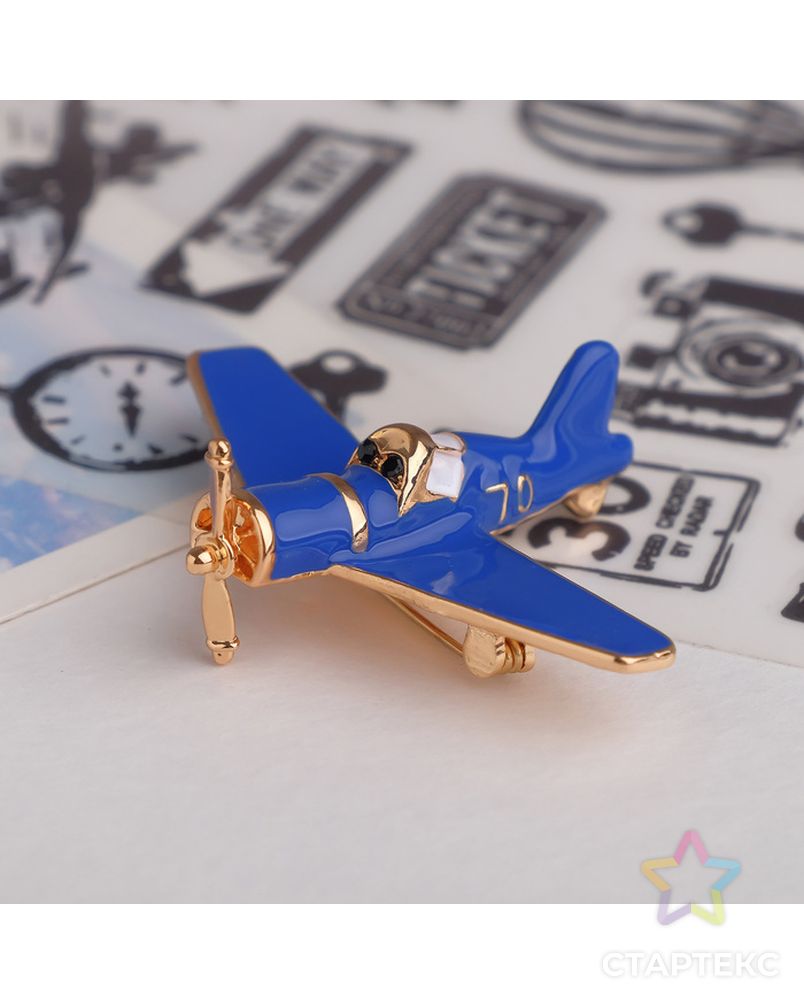 Брошь "Самолёт" с пропеллером, цвет синий в золоте арт. СМЛ-121507-1-СМЛ0004570905