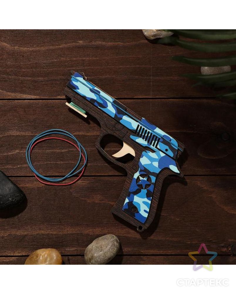 Сувенир деревянный «Резинкострел, синий камуфляж» + 4 резинки арт. СМЛ-127643-1-СМЛ0004576999 1