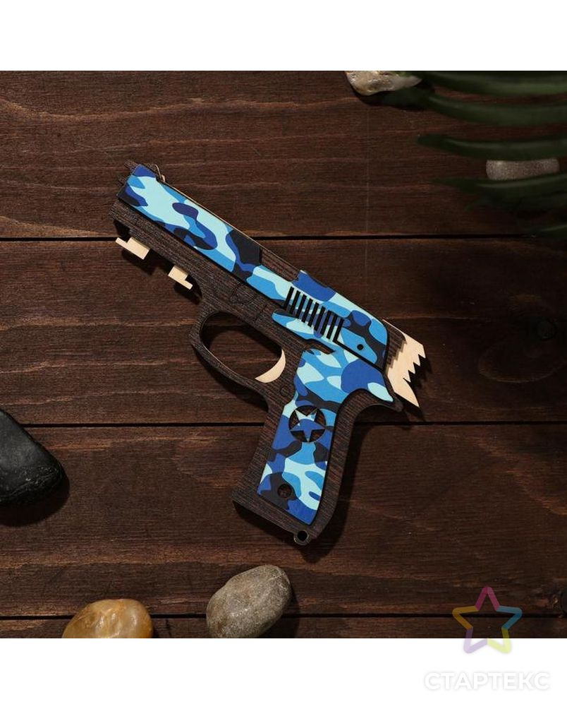 Сувенир деревянный «Резинкострел, синий камуфляж» + 4 резинки арт. СМЛ-127643-1-СМЛ0004576999 2