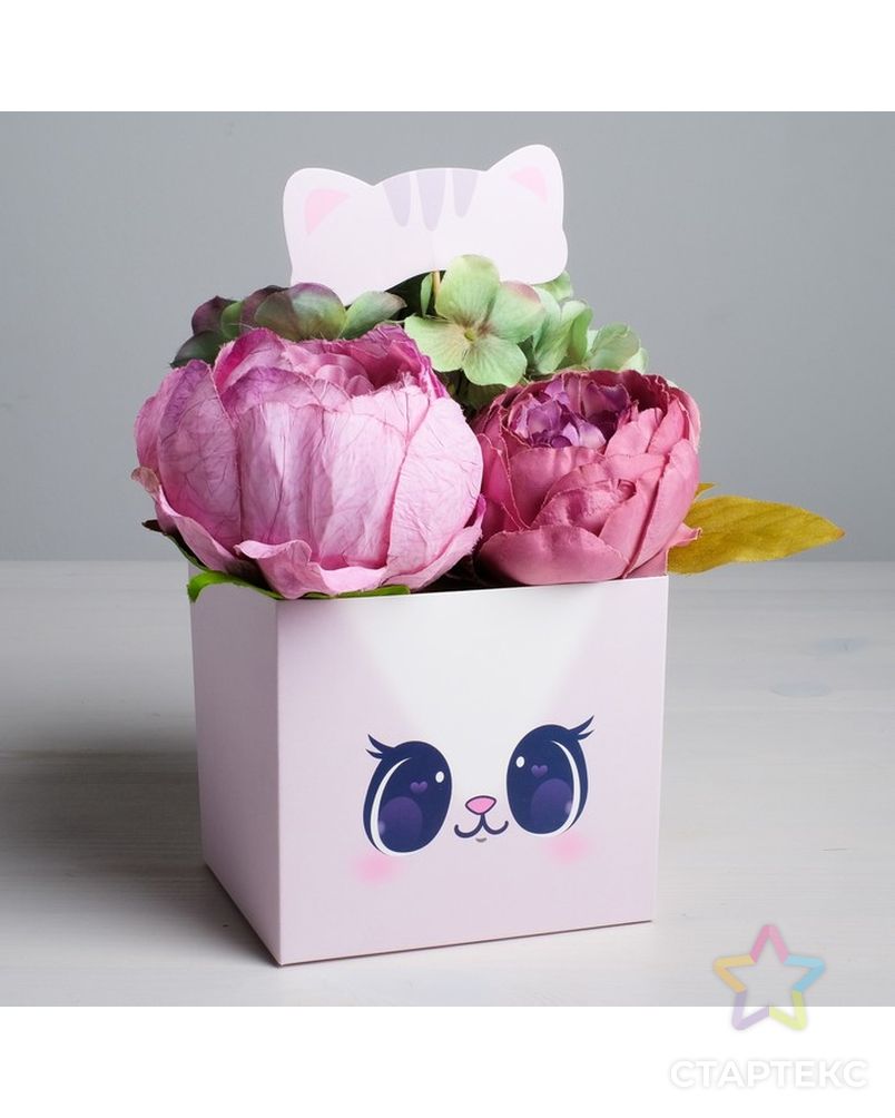 Коробка для цветов с топпером «Котик», 11 х 12 х 10 см арт. СМЛ-78549-1-СМЛ0004627893 1