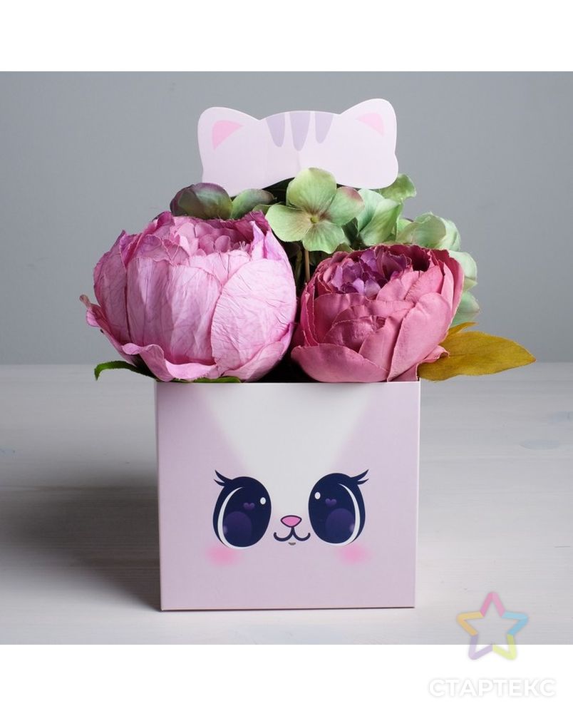 Коробка для цветов с топпером «Котик», 11 х 12 х 10 см арт. СМЛ-78549-1-СМЛ0004627893 4