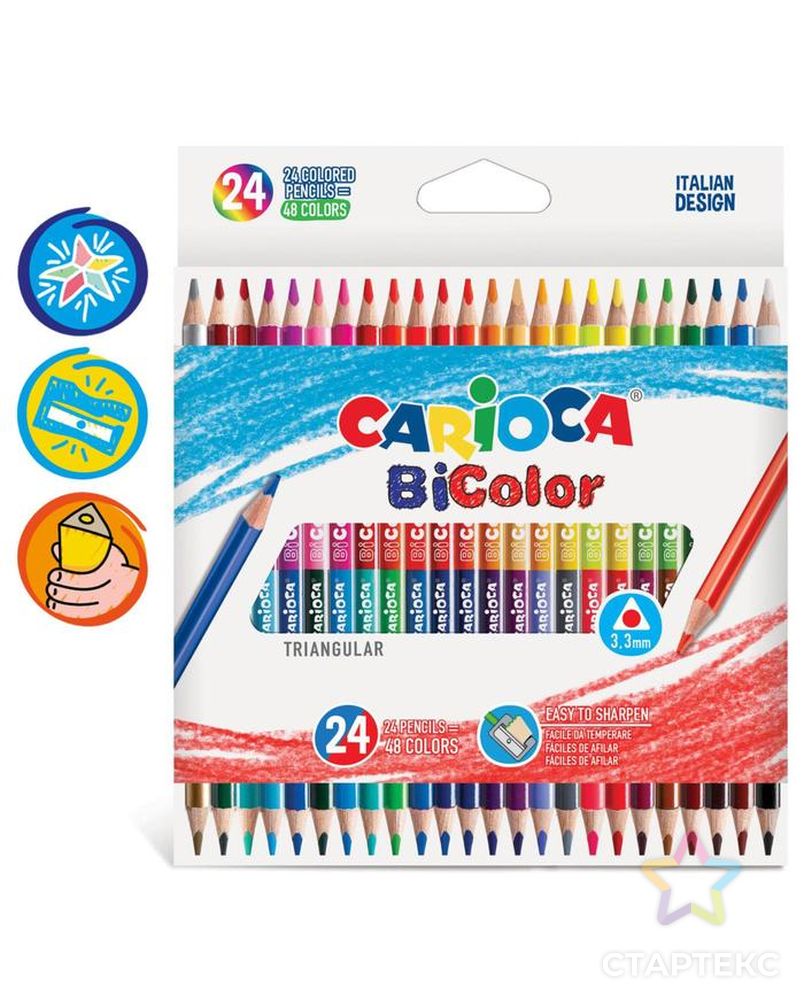 Карандаши 48 цветов двусторонние Carioca "BiCOLOR", 3.3 мм, трёхгранные, деревянные, картон, европодвес арт. СМЛ-220139-1-СМЛ0004736203 1