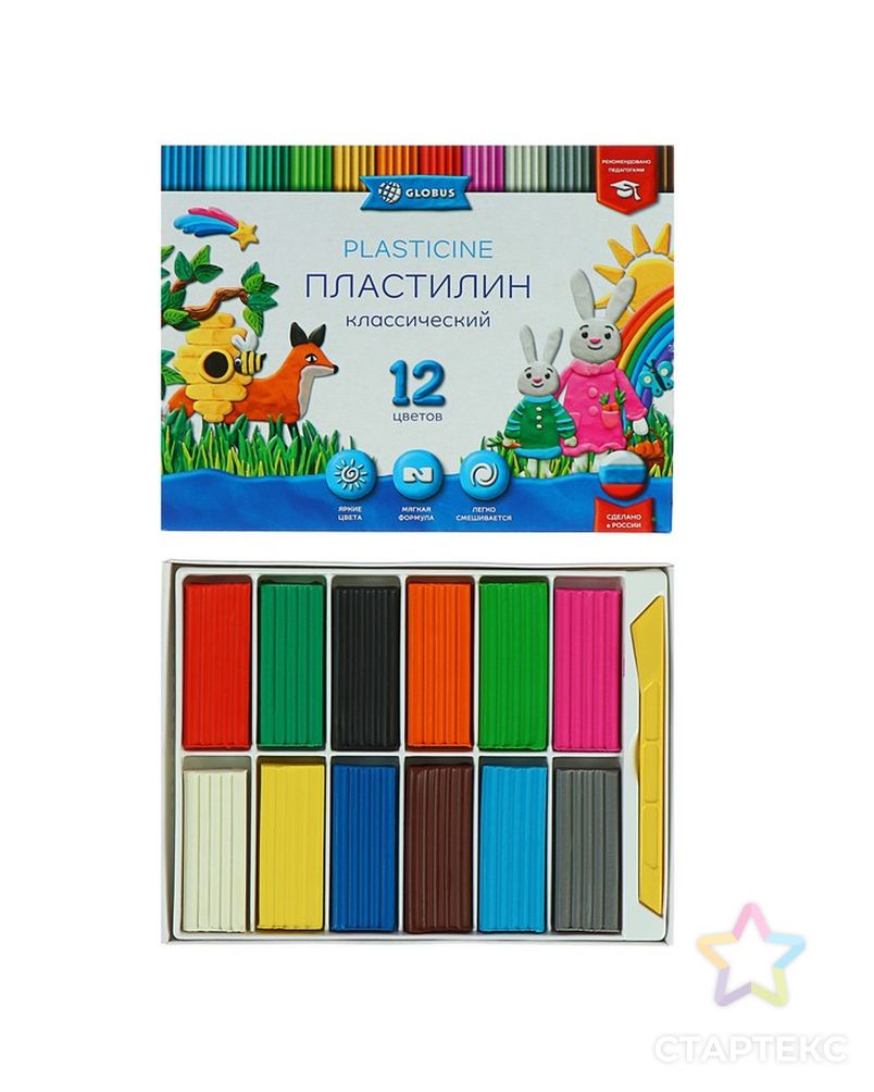 Пластилин GLOBUS «Классический», 12 цветов, 240 г, рекомендован педагогами арт. СМЛ-175537-1-СМЛ0004738906 1