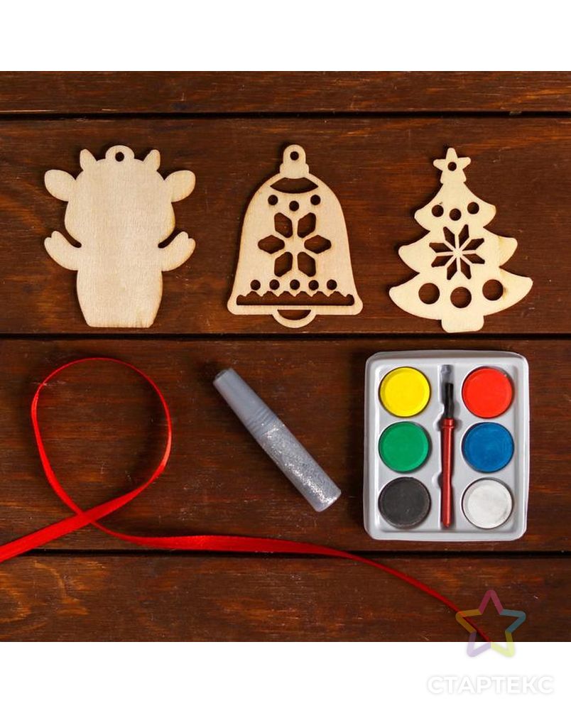 Набор для творчества «Ёлочные игрушки из дерева. Сделай сам» (корова, ёлочка, колокольчик) арт. СМЛ-38883-1-СМЛ0004758214 2