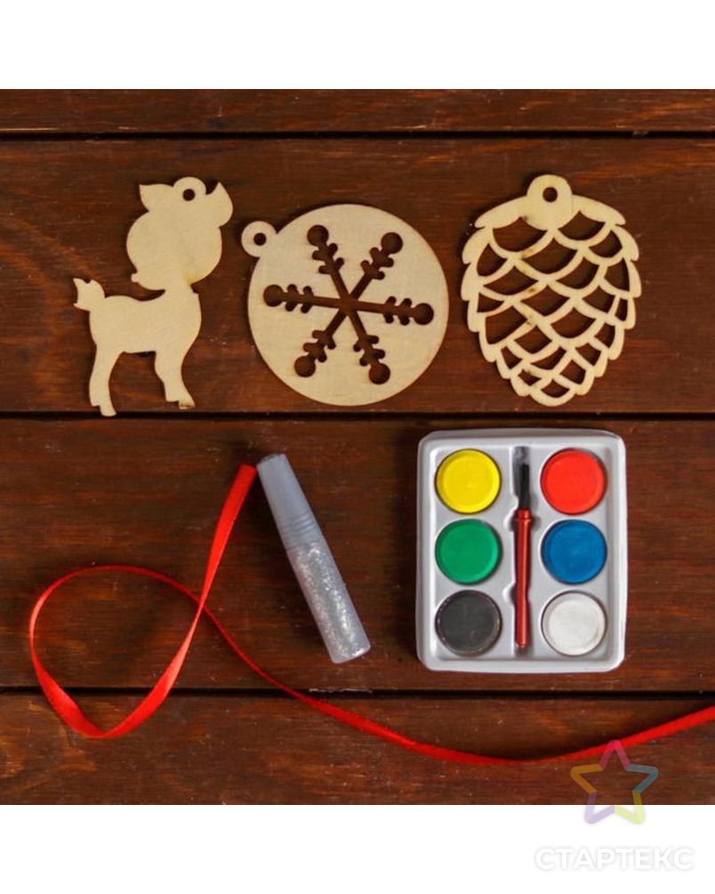Набор для творчества «Ёлочные игрушки из дерева. Сделай сам» (оленёнок, шишка, снежинка) арт. СМЛ-38885-1-СМЛ0004758216 2