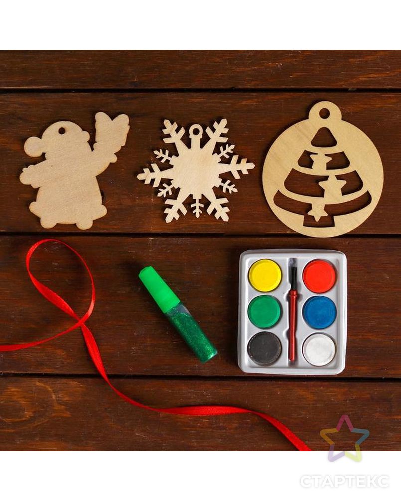 Набор для творчества «Елочные игрушки из дерева. Сделай сам» (Дед Мороз, снежинка, елочка) арт. СМЛ-38887-1-СМЛ0004758218 2