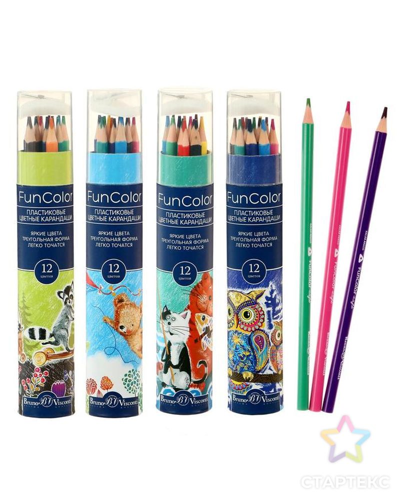 Карандаши цветные 12 цветов Funcolor пластиковые, в картонной тубе, микс из 4 видов арт. СМЛ-175699-1-СМЛ0004808841 1