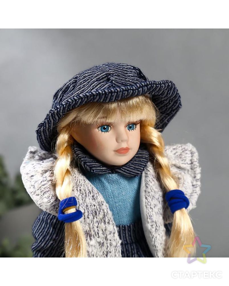 Кукла коллекционная керамика "Есения в синем платье и сером кардигане" 30 см арт. СМЛ-137531-1-СМЛ0004822710