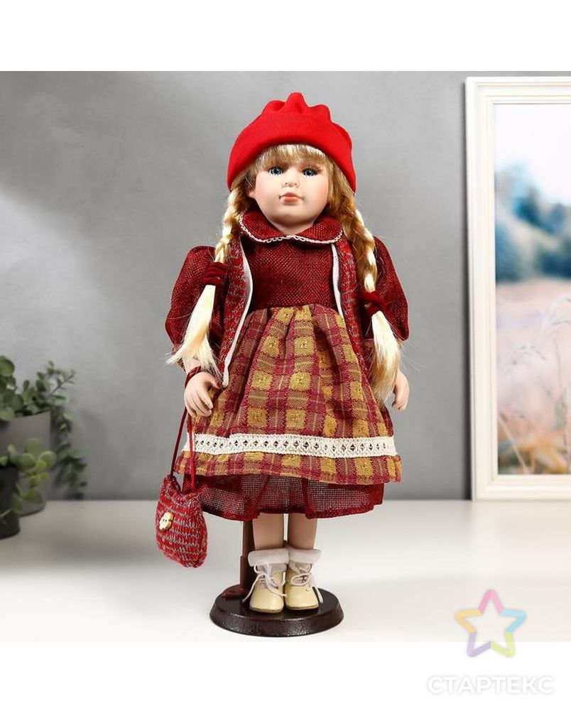 Кукла коллекционная керамика "Марина в бордовом платье в клетку" 40 см арт. СМЛ-136842-1-СМЛ0004822717 1