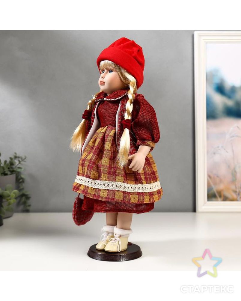Кукла коллекционная керамика "Марина в бордовом платье в клетку" 40 см арт. СМЛ-136842-1-СМЛ0004822717 2