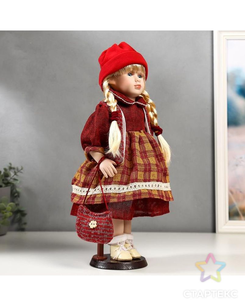 Кукла коллекционная керамика "Марина в бордовом платье в клетку" 40 см арт. СМЛ-136842-1-СМЛ0004822717 3