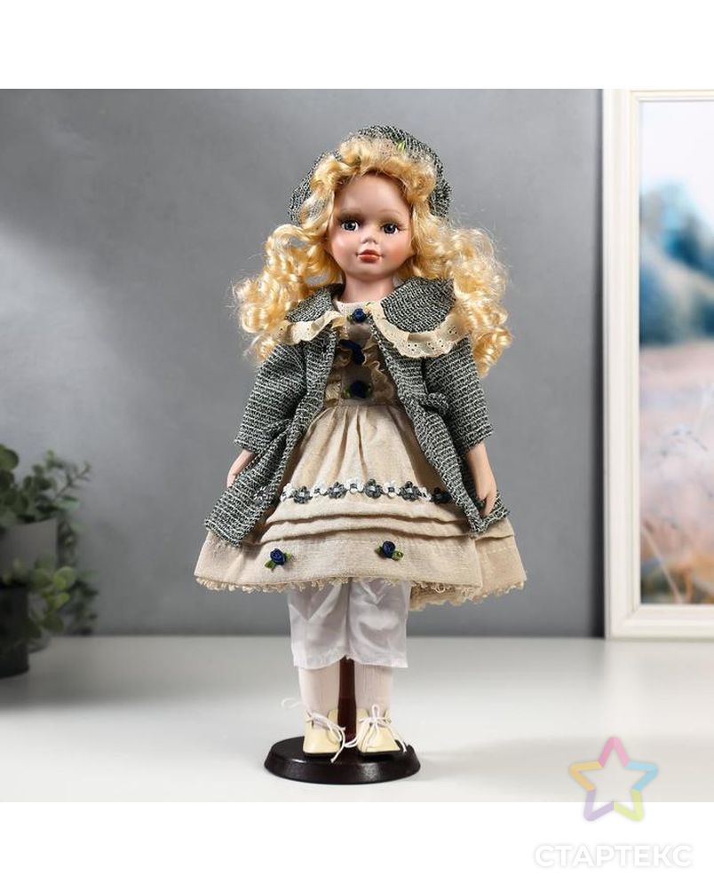 Кукла коллекционная керамика "Оля в бежевом платье и зелёном пальто" 40 см арт. СМЛ-137539-1-СМЛ0004822721 1