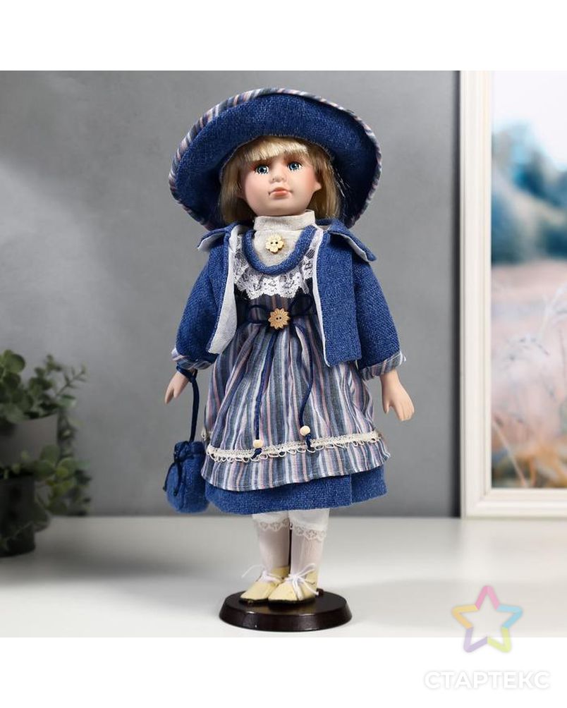 Кукла коллекционная керамика "Стася в синем полосатом платье и синей куртке" 40 см арт. СМЛ-137541-1-СМЛ0004822723