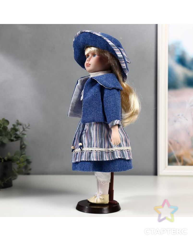 Кукла коллекционная керамика "Стася в синем полосатом платье и синей куртке" 40 см арт. СМЛ-137541-1-СМЛ0004822723