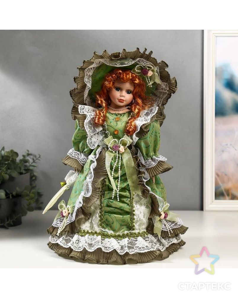 Кукла коллекционная керамика "Леди Джулия в оливковом платье с кружевом" 40 см арт. СМЛ-136846-1-СМЛ0004822732 1