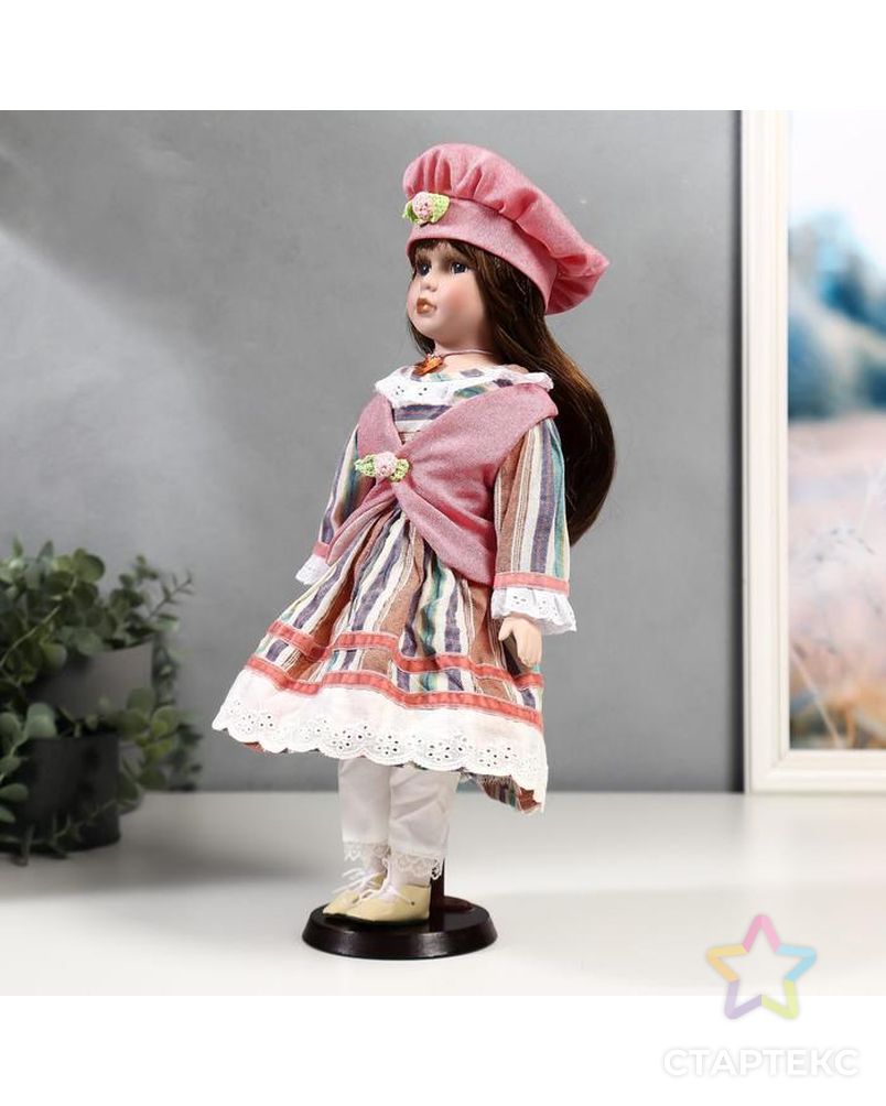 Кукла коллекционная керамика "Катя в платье в полоску и розовом жилете" 40 см арт. СМЛ-137549-1-СМЛ0004822738 2