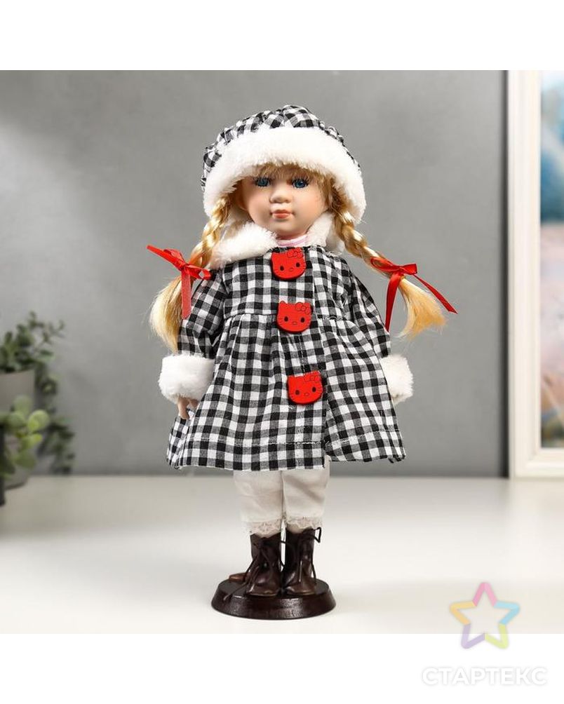 Кукла коллекционная керамика "Злата в пальто в клеточку с красными пуговицами" 30 см арт. СМЛ-136851-1-СМЛ0004822741 1