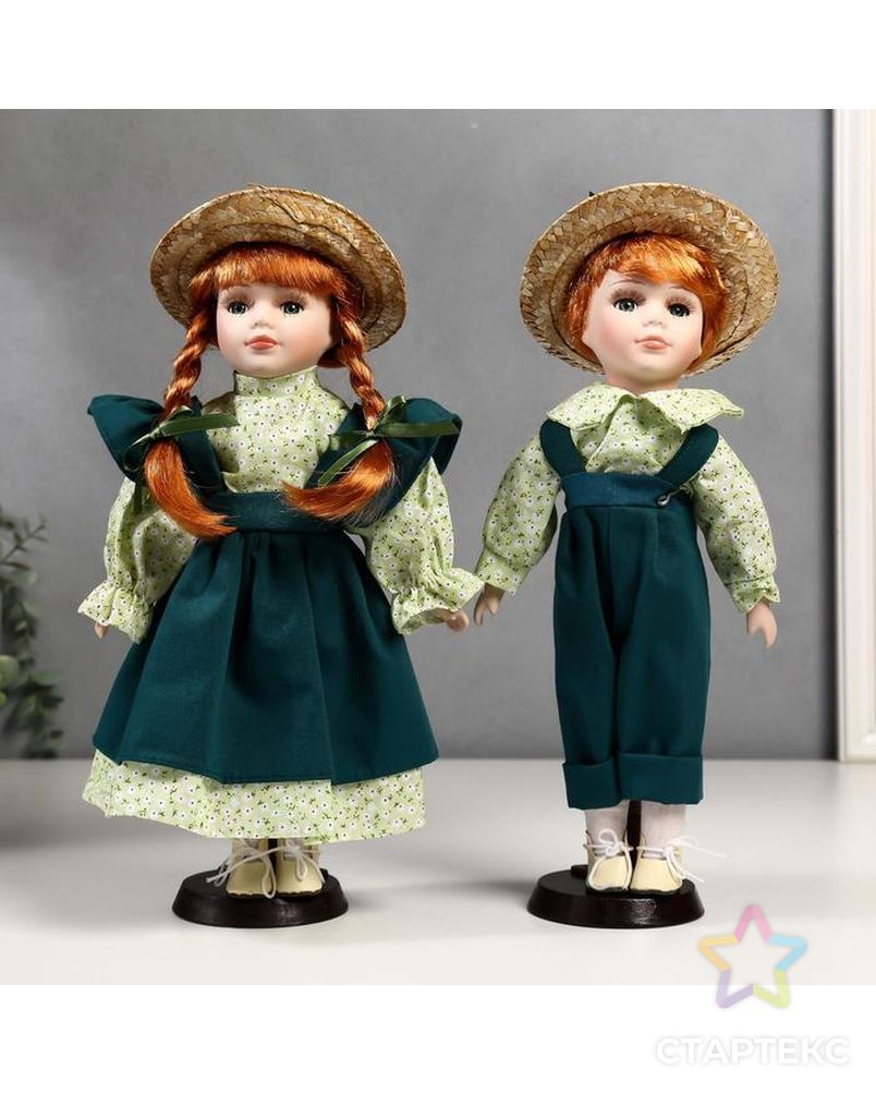 Кукла коллекционная парочка набор 2 шт "Маша и Миша в зелёных нарядах" 30 см арт. СМЛ-137555-1-СМЛ0004822746 1