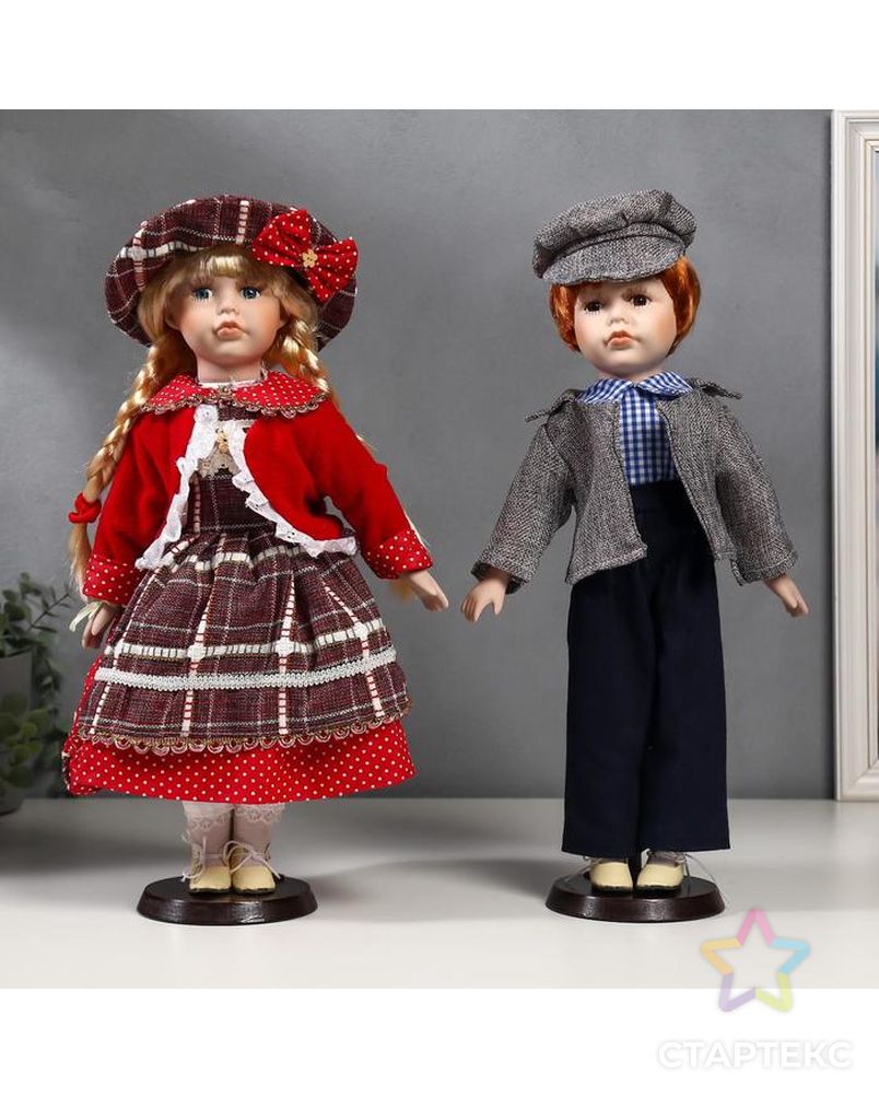 Кукла коллекционная парочка набор 2 шт "Лиза и Лёша в нарядах в клеточку" 40 см арт. СМЛ-137558-1-СМЛ0004822749 1