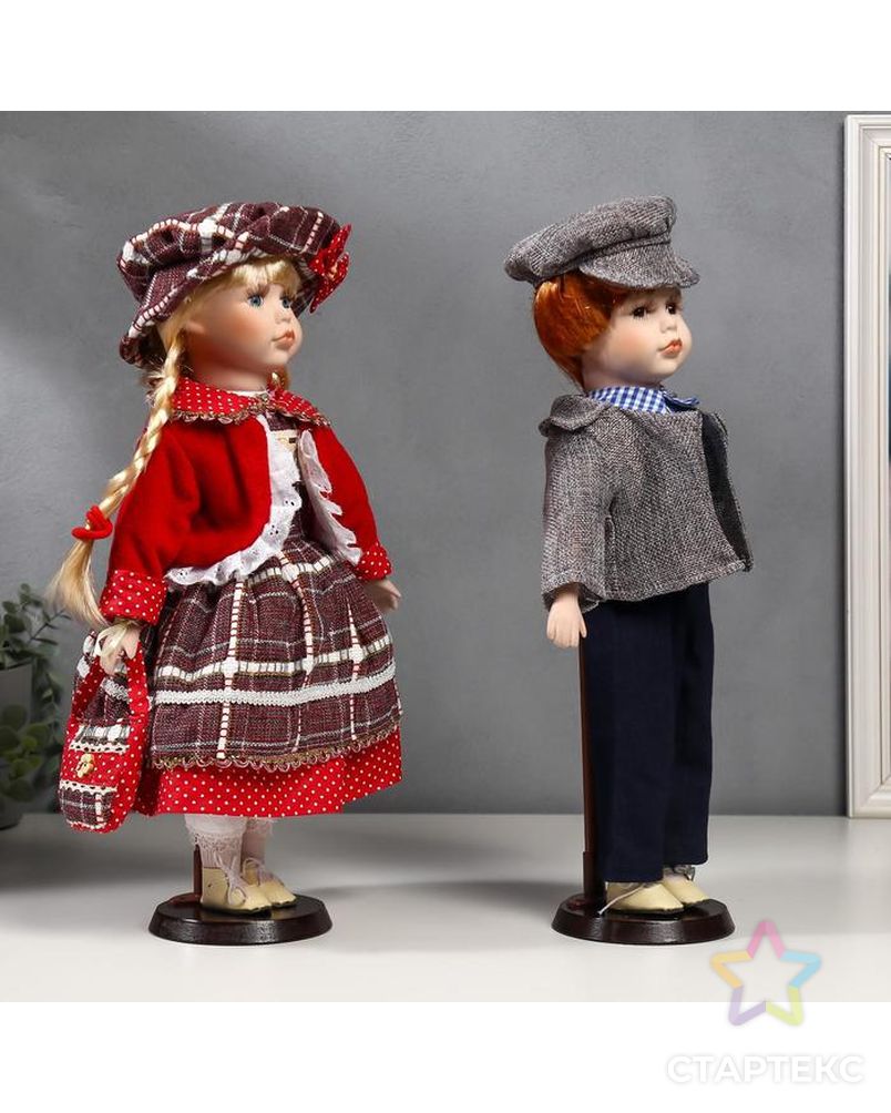 Кукла коллекционная парочка набор 2 шт "Лиза и Лёша в нарядах в клеточку" 40 см арт. СМЛ-137558-1-СМЛ0004822749 2