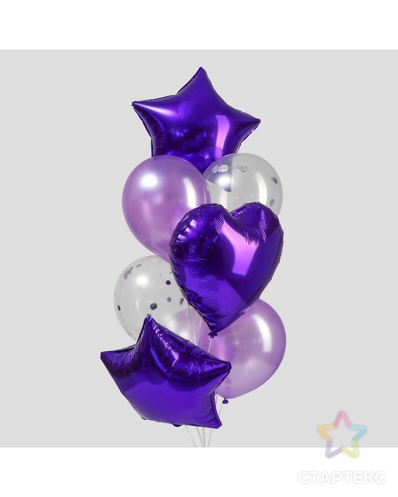 Букет из шаров «Фиолетовый», сердце, звезда, фольга, латекс, набор 10 шт. арт. СМЛ-81551-1-СМЛ0004877832 1
