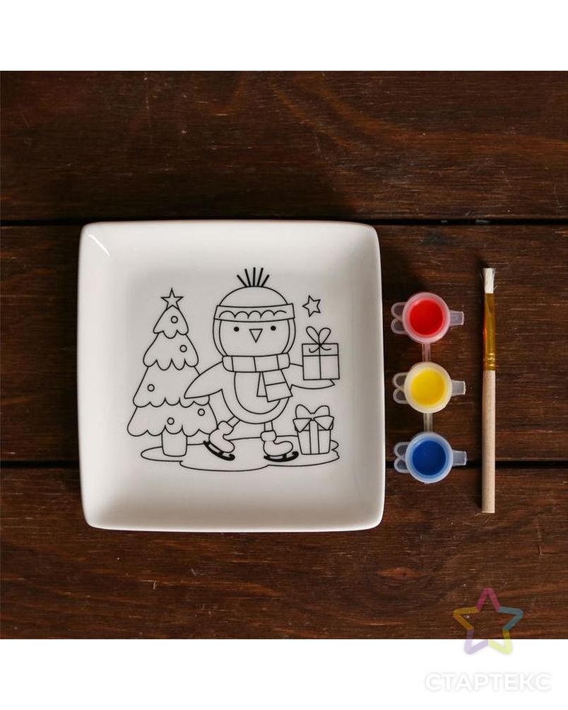 Набор тарелка под раскраску «Пингвин с подарками» краска 3 цв по 2 мл, кисть арт. СМЛ-199883-1-СМЛ0004962545 2